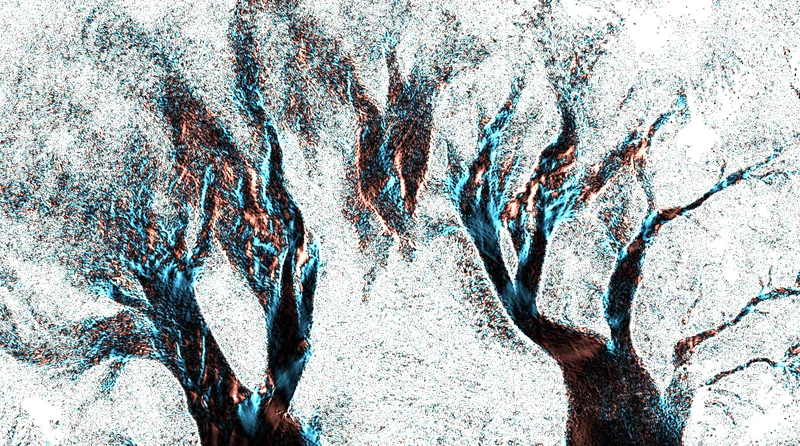 Branching Antarctic ice streams mapped in blue, bronze and black from radar-derived ice velocity.
